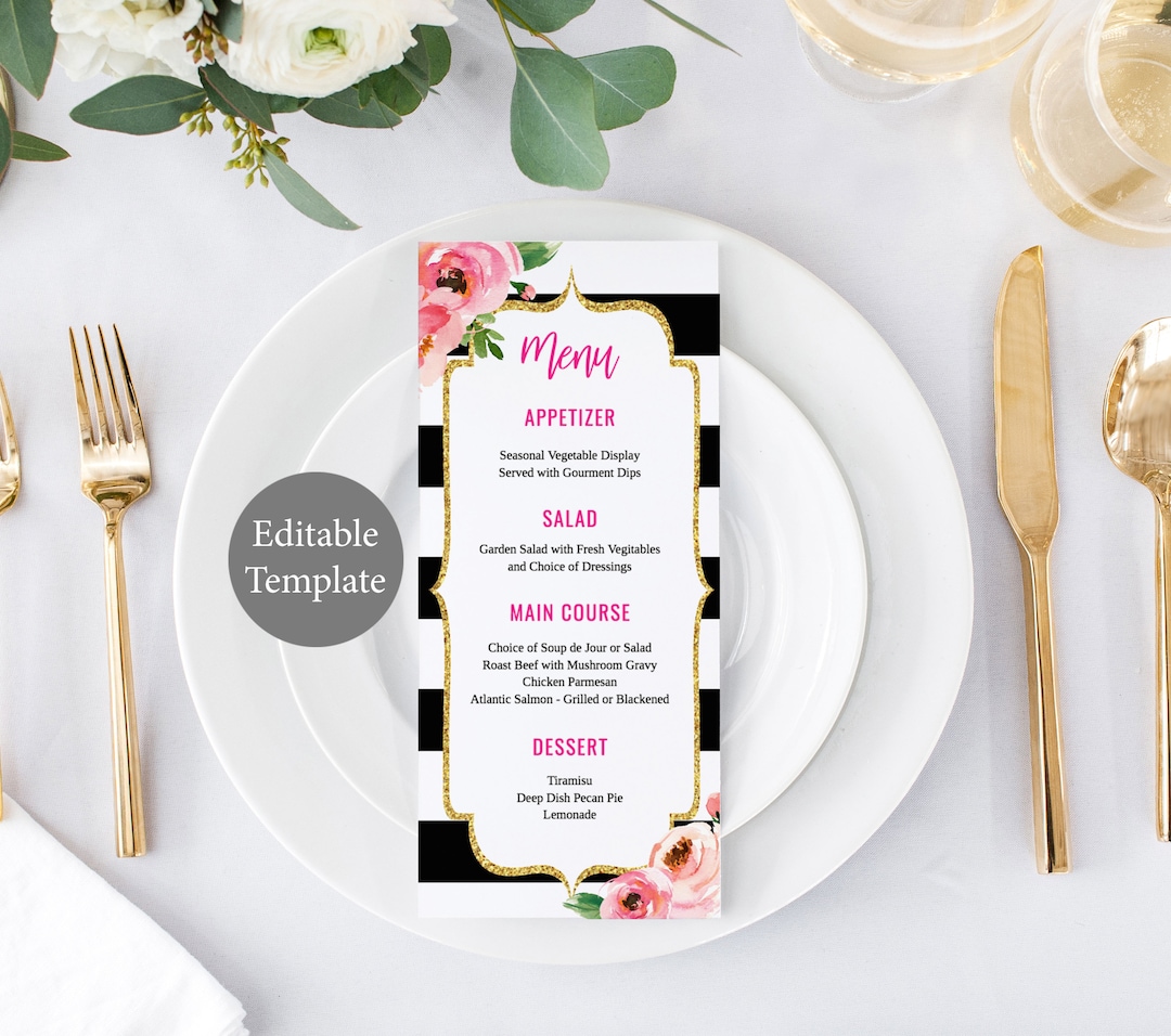 Kate Menu Template, Black and White Stripe Menu, Spade Bridal Shower