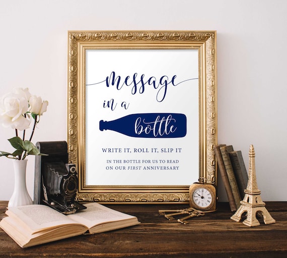 Navy Blue Burlap & Lace Effect Message In A Bottle Personalised Wedding Sign 