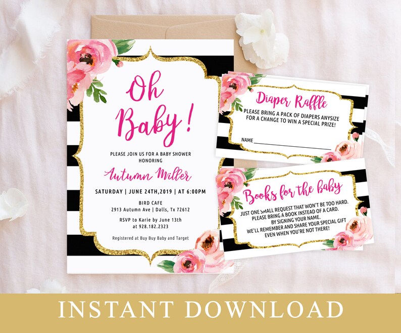 May include: Black and white striped baby shower invitation with pink floral accents. The invitation reads "Oh Baby!" and includes the name "Autumn Miller" and details for the event. There are also two smaller cards for a diaper raffle and a request for books instead of cards.