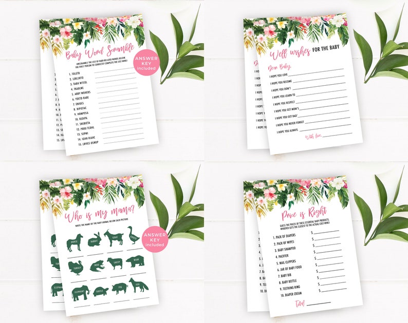 Tropical Baby Shower Games Bundle, Baby Shower Activities, Greenery Baby Shower Game, Summer Baby Shower Ideas, Baby Shower Baby Bingo Game image 4