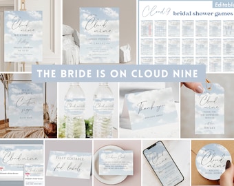 On Cloud Nine Bridal Shower Bundle, She's On Cloud 9 Bridal Shower Game Cards, Bride is On Cloud Nine Invitation Set, Cloud Theme, Editable