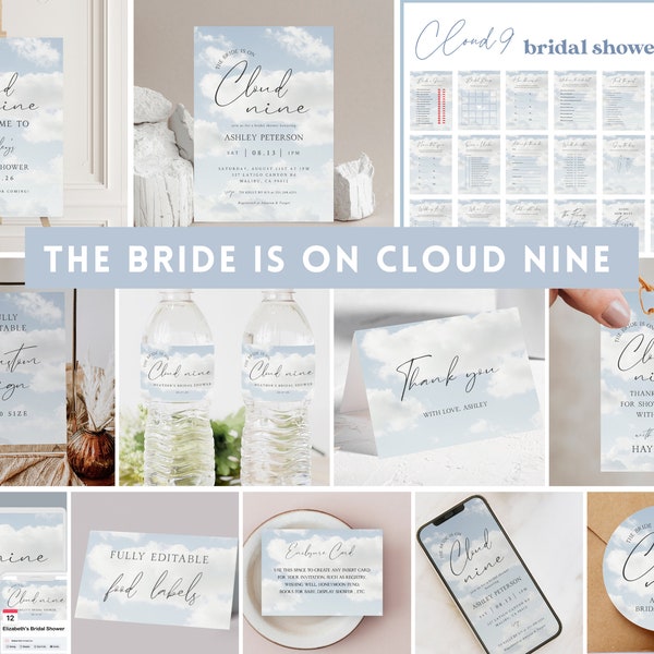 On Cloud Nine Bridal Shower Bundle, She's On Cloud 9 Bridal Shower Game Cards, Bride is On Cloud Nine Invitation Set, Cloud Theme, Editable