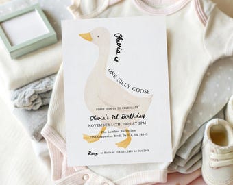 Goose 1st Birthday Invitation Template, Canva Template, One Silly Goose Invite, Editable, Gender Neutral, Silly Goose Invite, Digital