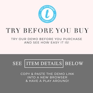 Puede incluir: Un gr&aacute;fico gris y blanco con el texto "TRY BEFORE YOU BUY" y "TRY OUR DEMO BEFORE YOU PURCHASE AND SEE HOW EASY IT IS!"  Debajo del texto hay un rect&aacute;ngulo gris con el texto "SEE ITEM DETAILS BELOW" y "COPY & PASTE THE DEMO LINK INTO A NEW BROWSER & HAVE A PLAY AROUND!"