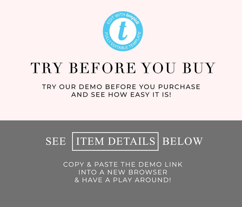 Puede incluir: Un gr&aacute;fico gris y blanco con el texto "TRY BEFORE YOU BUY" y "TRY OUR DEMO BEFORE YOU PURCHASE AND SEE HOW EASY IT IS!"  Debajo del texto hay un rect&aacute;ngulo gris con el texto "SEE ITEM DETAILS BELOW" y "COPY & PASTE THE DEMO LINK INTO A NEW BROWSER & HAVE A PLAY AROUND!"