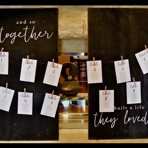Puede incluir: Dos letreros de madera negra con caligraf&iacute;a blanca. El letrero de la izquierda dice "and so together" y tiene n&uacute;meros de mesa del 1 al 9 colgando de &eacute;l. El letrero de la derecha dice "built a life they loved" y tiene n&uacute;meros de mesa del 4 al 6 y del 10 al 11 colgando de &eacute;l.