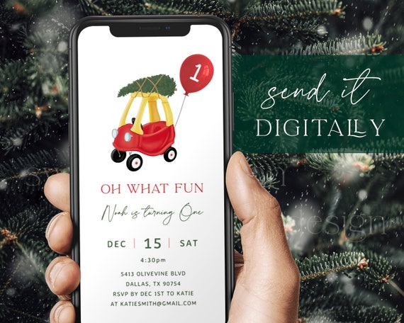Oh What Fun 1st Birthday Evite, Cozy Coupe Birthday Smartphone Invite Holiday Birthday Party Text Message Invite Christmas Electronic 07 Il_570xn