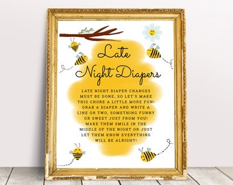 Late Night Diapers, Bee Baby Shower Games, Honey Bee Shower Sign, Bumble Bee Baby Shower, Gender Neutral, Bee Theme, Diaper Thoughts 003