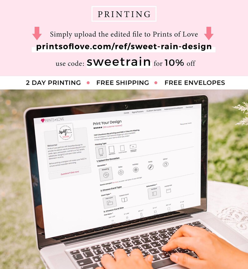 May include: A laptop computer displaying the Prints of Love website, with a design template for a card. The website offers 2-day printing, free shipping, and free envelopes. The text on the screen reads "Print Your Design" and "Select the Occasion".