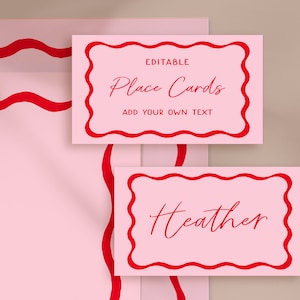 Plantilla de tarjeta de lugar ondulado rosa y rojo, tarjetas de nombre de boda retro, invitaciones onduladas, plantilla de invitaciones garabateadas, boda de los años 70 imprimible 22