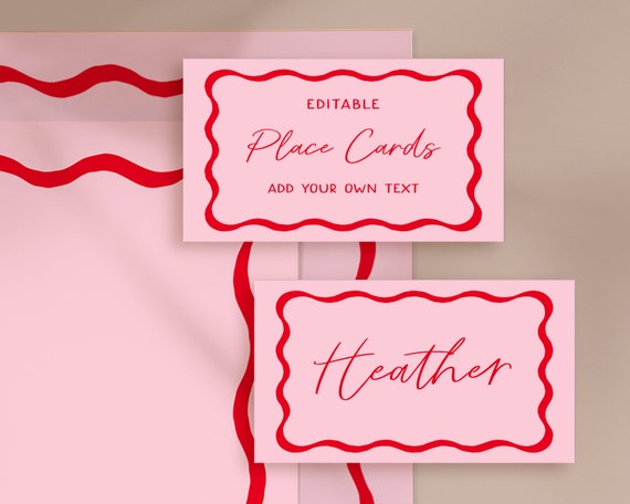 Pink and Red Wavy Place Card Template, Retro Wedding Name Cards, Wave Invitations, Squiggle Invitations Template, 70s Wedding Printable 22 Il_570xn