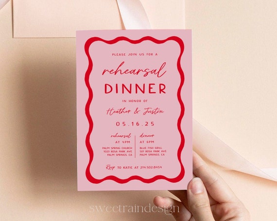 Pink and Red Rehearsal Dinner Invitation Templates, Retro Rehearsal Dinner, Wave Wedding Dinner Template, Wavy Squiggle 70s Wedding 22 Il_570xn