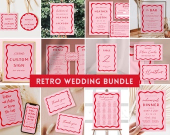 Pink and Red Retro Wedding Bundle, Retro Invitation Suite, Editable Templates, Retro Menu, Wavy Edge Wedding Collection, Instant Download