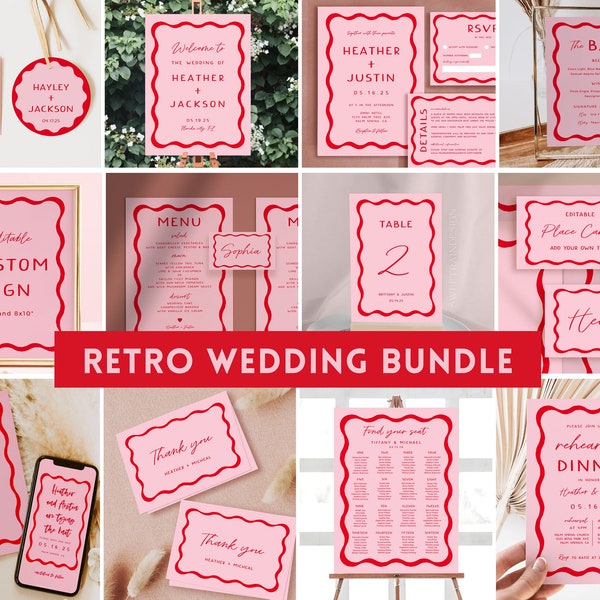 Pink and Red Retro Wedding Bundle, Retro Invitation Suite, Editable Templates, Retro Menu, Wavy Edge Wedding Collection, Instant Download