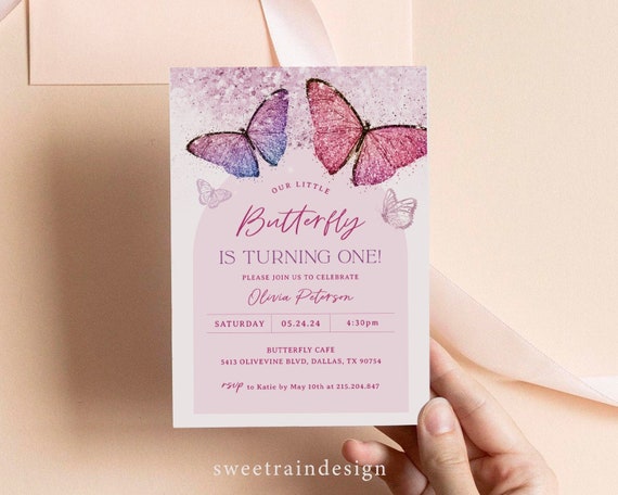 Butterfly Birthday Invitation Template, Girl 1st Birthday Party, First Birthday Invitations, Girl Butterfly Party, Pink Butterfly Invite 09 Il_570xn