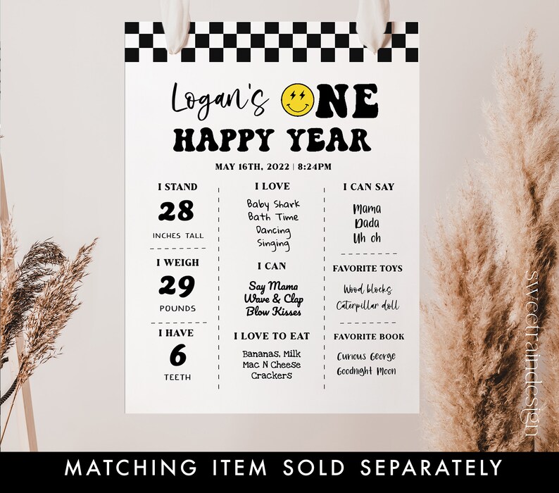 May include: A black and white checkered printable poster with the text "Logan's ONE HAPPY YEAR" and details about the child's first year, including height, weight, teeth, favorite foods, toys, and books. The poster includes a smiley face with lightning bolts for eyes.