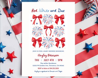 Red White and Due Baby Shower Invitation Template, 4th of July Baby Shower Invites, Patriotic, Fourth of July Birthday Party, Baby Girl