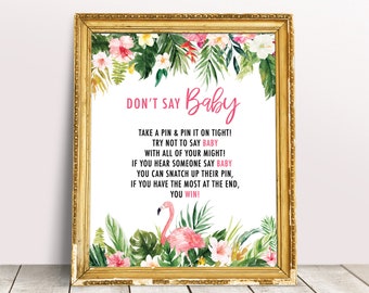 Tropical Baby Shower Sign, Don't Say Baby Sign, Flamingo Baby Shower Games, Diaper Pin Game Printable, Summer Baby Shower Activity Download