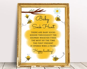 Baby Sock Hunt Game, Bee Baby Shower Games, Honey Bee Shower Sign, Bumble Bee Baby Shower, Gender Neutral, Bee Theme, Yellow Baby Shower 003