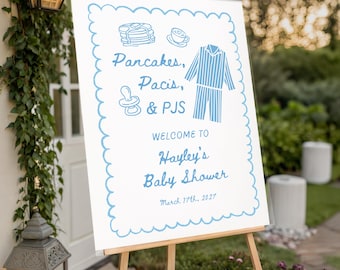 Pancakes,Pacis & PJs Baby Shower Sign, Canva Template, Breakfast Baby Shower Decor, Pancake Baby Brunch Ideas, Boy Baby Shower, Editable