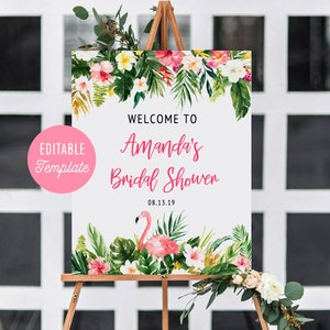 Tropical Bridal Shower Welcome Sign Template, Summer Bridal Shower Decorations, Flamingo Shower Welcome Poster, Large Welcome Sign, Editable