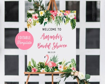 Tropical Bridal Shower Welcome Sign Template, Summer Bridal Shower Decorations, Flamingo Shower Welcome Poster, Large Welcome Sign, Editable