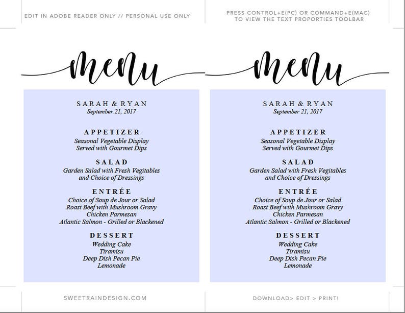 Wedding Menu Template, 5x7 Menu Printable, Editable Wedding Menu, DIY Reception Menu, Calligraphy Menu Cards, Rustic Menu Template, PDF image 3