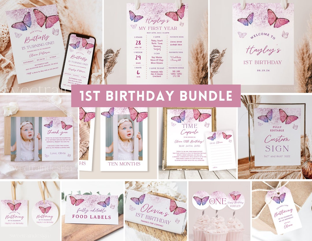Butterfly 1st Birthday Bundle, Girl 1st Birthday Templates, Pink ...