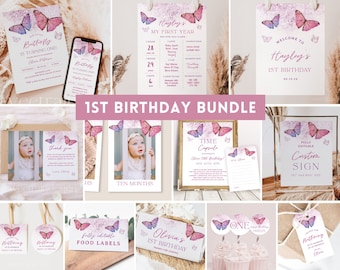 Butterfly 1st Birthday Bundle, Girl 1st Birthday Templates, Pink Butterfly Birthday Party, First Birthday Decorations, 1st Birthday Decor 09