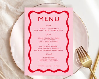 Pink and Red Menu Cards Template, Retro Wedding Menu, Wave Menu Cards, Wavy Squiggle Menu Template, 70s Wedding Menu, Colorful 22