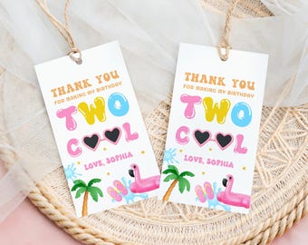 Dos etiquetas de regalo de cumpleaños imprimibles, plantilla de etiquetas de regalo para el segundo cumpleaños, etiqueta de agradecimiento de verano, cumpleaños de fiesta en la piscina, dos etiquetas de agradecimiento geniales, bricolaje
