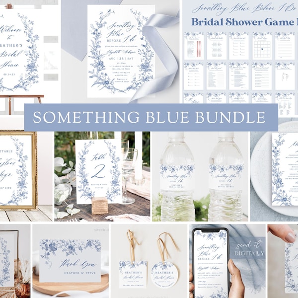 Something Blue Bridal Shower Bundle, Blue Floral French Bridal Shower Decor, Before I Do Signs, Victorian, Chinoiserie, Editable Template