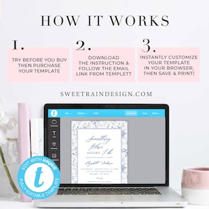 Pu&ograve; includere: Uno schermo di laptop che mostra un modello di design floreale blu e bianco per un invito di nozze. Il modello &egrave; in fase di modifica sulla piattaforma di progettazione online Templett. Il testo sul modello recita "Something Blue Before I Do".