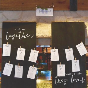 Puede incluir: Un letrero negro de pizarra con texto blanco que dice "and so together". El letrero tiene peque&ntilde;as tarjetas blancas con la palabra "table" y un n&uacute;mero en cada tarjeta. El letrero tambi&eacute;n tiene el texto "built a life they loved" en la parte inferior.