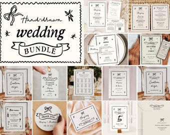 Hand Drawn Wedding Bundle Template, Wedding Invitation Bundle, Quirky Save The Date, Whimsical Wedding Set, Squiggles, Illustrated, Editable