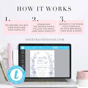 May include: A laptop screen displaying a blue and white floral wedding invitation template on the website Templett. The text on the invitation reads "Something Blue Before I Do" and includes the bride's name, the date, and the time of the wedding. The text "Edit with Templett Fully Editable Template" is displayed on the left side of the image.