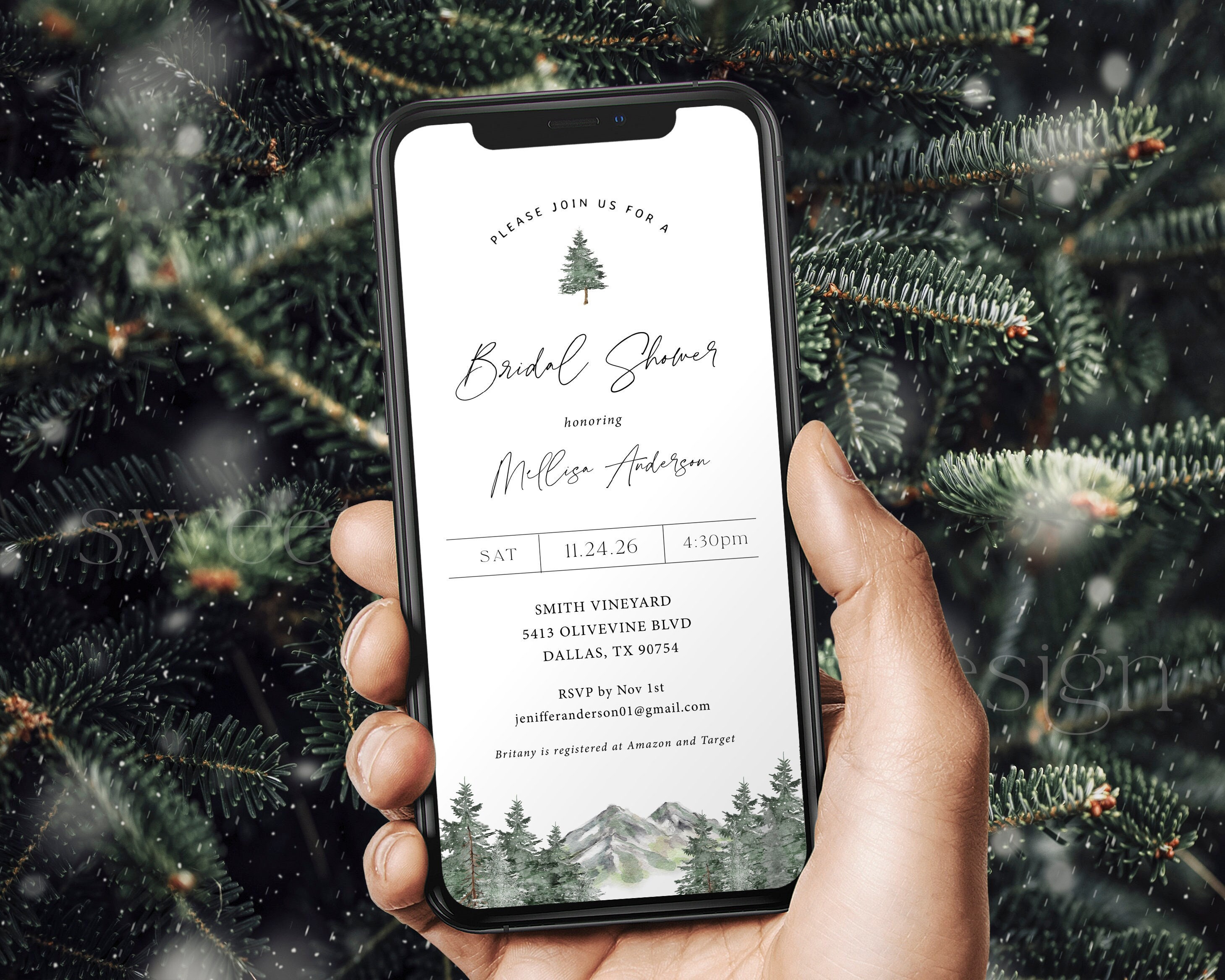 Mountain Bridal Shower Evite, Winter Bridal Shower Smartphone Invite, Forest, Woodland, Text Message Invite Electronic 08