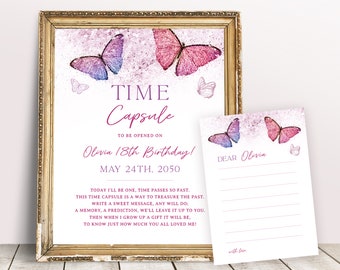 Butterfly 1st Birthday Time Capsule Sign, Pink Butterfly Birthday Sign, Butterfly Birthday Decor, Butterfly Party Time Capsule Note Card 09