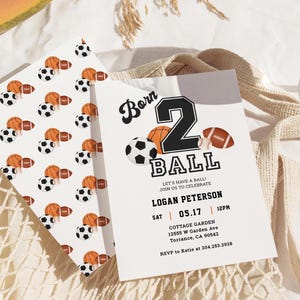 May include: A white invitation with a black and white illustration of a basketball, football, baseball, and soccer ball. The text "Born 2 Ball" is in black and white with a retro font. The invitation is for a party for Logan Peterson on May 17th at 12pm. The address is Cottage Garden, 12555 W Garden Ave, Torrance, CA 90542. RSVP to Katie at 204.253.2928.