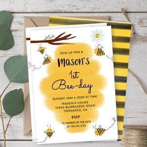 Modello di invito di compleanno di Bumble Bee Invito per il primo giorno delle api Invito per il primo compleanno della festa del giorno delle api Invito per la festa di Bumble Bee modificabile 003