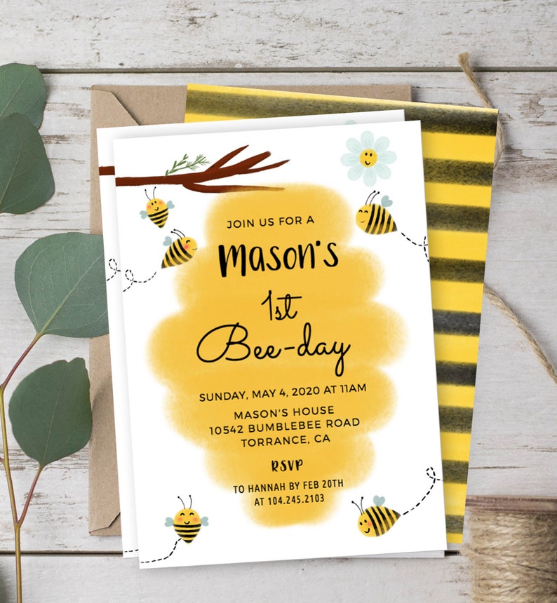 Bumble Bee Birthday Invitation Template 1st Bee Day Invitation Bee Day Party First Birthday Invite Bumble Bee Party Invitation Editable 003 image 1