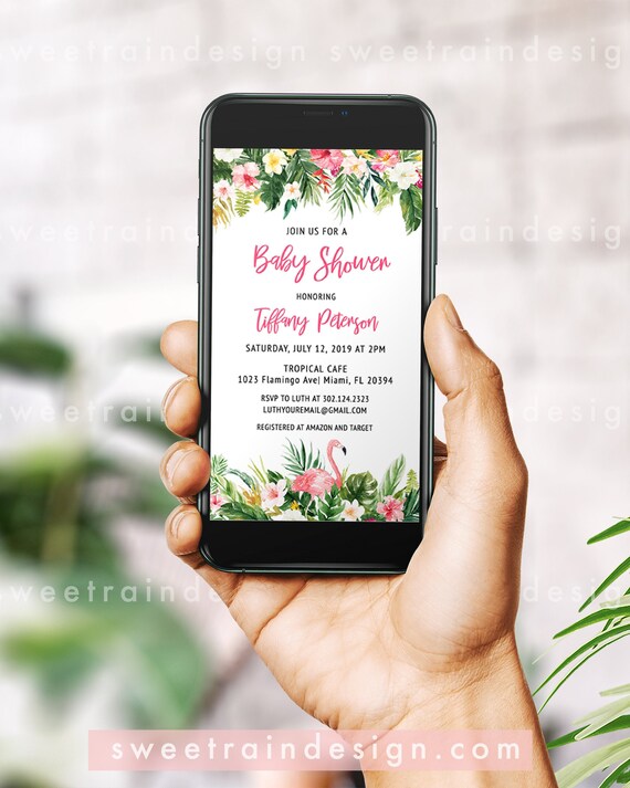Tropical Baby Shower Evite Luau Baby Shower Invitation Flamingo Baby Shower Evite Tropical Theme Baby Shower Digital Text Message Invite By Sweet Rain Design Catch My Party