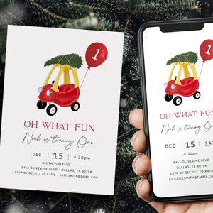 Oh What Fun 1st Birthday Party Invitation Set, Holiday Birthday Evite, Christmas First Birthday Invites, Toy Car, Winter Onederful 07