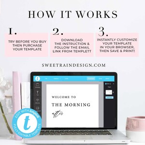 Może przedstawiać: Ekran laptopa wyświetlający stronę internetową z tekstem "Welcome to The Morning After". Strona internetowa jest edytorem szablon&oacute;w, a tekst jest edytowalny. Strona internetowa nazywa się "Templett".