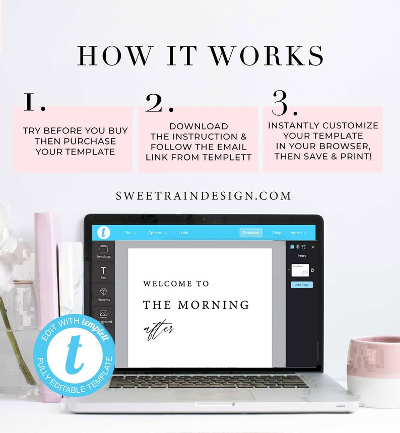 Może przedstawiać: Ekran laptopa wyświetlający stronę internetową z tekstem "Welcome to The Morning After". Strona internetowa jest edytorem szablon&oacute;w, a tekst jest edytowalny. Strona internetowa nazywa się "Templett".