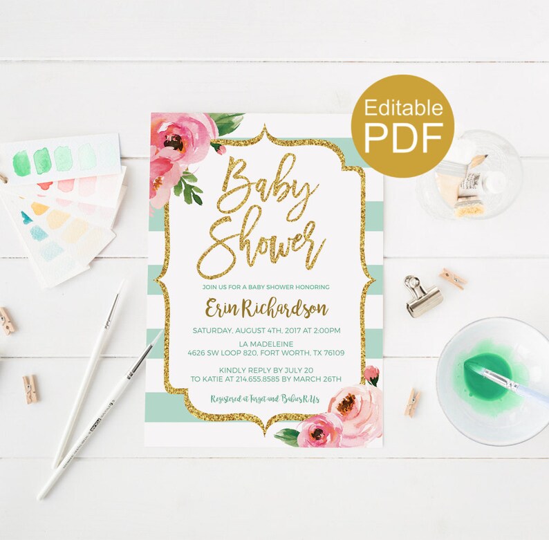 Gender Neutral Baby Shower Invitation Template Mint Floral Etsy Gender Neutral Baby Shower Invitation Template Mint Floral Etsy