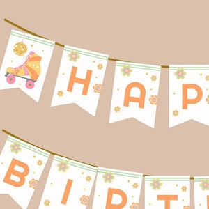 Editable Roller Skate Party Bunting Banner, Retro Groovy Girl Birthday Party Decorations, Let&#39;s Roll Birthday Party Printable Banner Garland