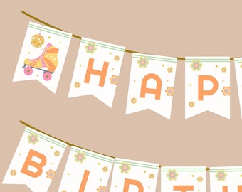Banner editável para festa de skate e patins, decoração de festa de aniversário retrô groovy para meninas, guirlanda de faixa para impressão de festa de aniversário