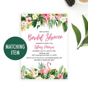 May include: A tropical-themed bridal shower invitation with pink and green floral accents. The invitation features a pink flamingo and the text "Join us for a Bridal Shower honoring the bride-to-be Tiffany Peterson. Saturday, July 12, 2019 at 2PM Tropical Cafe 1023 Flamingo Ave Miami, FL 20394 RSVP to Luth at 302.124.2525 | Luthyouremail@gmail.com Registered at Amazon and Target"