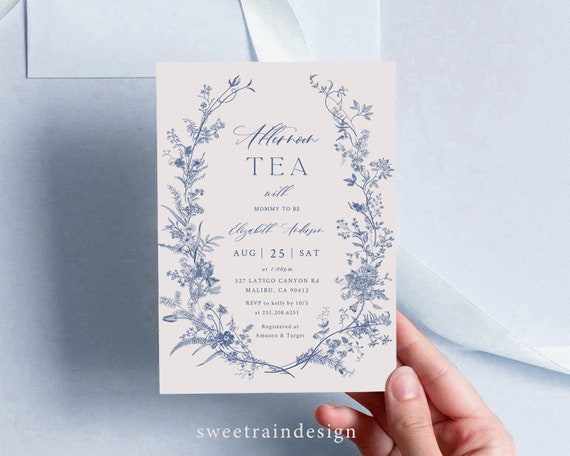 Baby Shower Tea Party Invitation Templates, Vintage Floral, Dusty Blue Baby Shower Invitations, Time For Tea, Tea With Mommy To Be 14